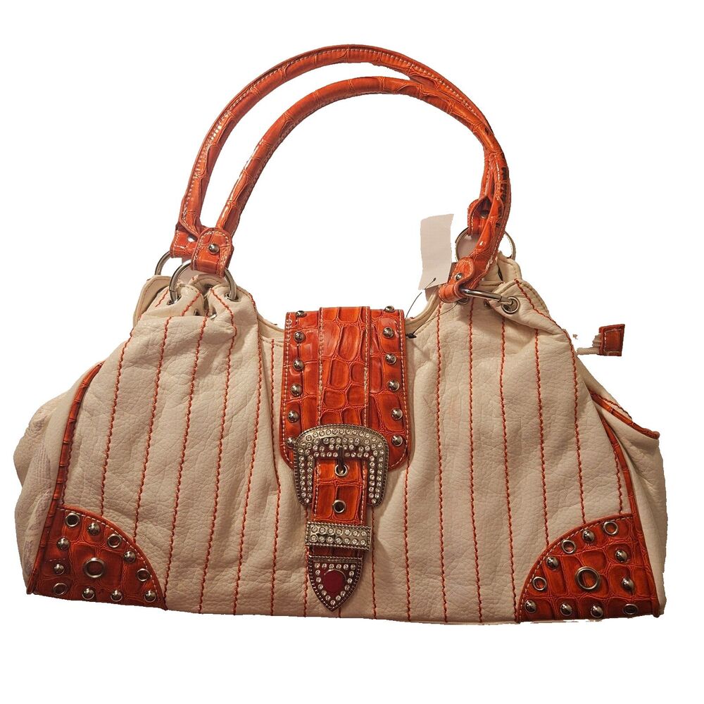 Women Shoulder Bag Orange White Striped Silver Buckle Closure 15"W 8"H 7" depth